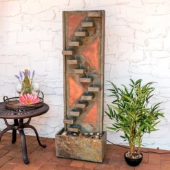 Sunnydaze Decor Sunnydaze 48"H Electric Natural Slate And Copper Accents Descending Staircase Outdoor Water Fountain With LED Light
