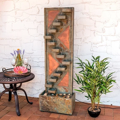 Sunnydaze Decor Sunnydaze 48"H Electric Natural Slate And Copper Accents Descending Staircase Outdoor Water Fountain With LED Light 3 Sunnydaze Decor Sunnydaze 48"H Electric Natural Slate And Copper Accents Descending Staircase Outdoor Water Fountain With LED Light