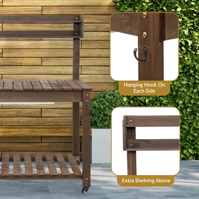 Sunnydaze Decor Sunnydaze Wooden Wheeled Garden Potting Bench With Dry Sink, Storage Shelves, And Tool Hooks - Brown 7 Sunnydaze Decor Sunnydaze Wooden Wheeled Garden Potting Bench With Dry Sink, Storage Shelves, And Tool Hooks - Brown - Image 5