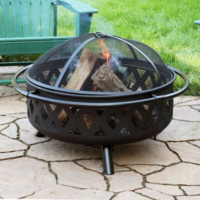Sunnydaze Decor Sunnydaze Outdoor Camping Or Backyard Round Crossweave Cut Out Fire Pit With Spark Screen, Log Poker, And Cover - 36" 6 Sunnydaze Decor Sunnydaze Outdoor Camping Or Backyard Round Crossweave Cut Out Fire Pit With Spark Screen, Log Poker, And Cover - 36" - Image 4