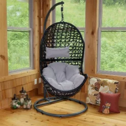 Sunnydaze Decor Sunnydaze Outdoor Resin Wicker Patio Cordelia Hanging Basket Egg Chair Swing With Cushion, Headrest, And Steel Stand Set- 3pc -Furniture GUEST a8ee3d6f d928 4e4e 800b 7f9d9284bd06