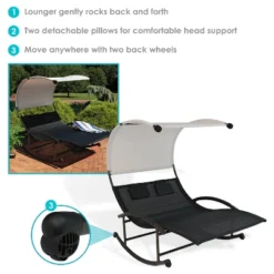 Sunnydaze Decor Sunnydaze Outdoor Double Chaise Lounge Bed With Canopy Shade And Headrest Pillows, Black