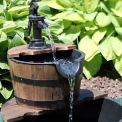 Sunnydaze Decor Sunnydaze Electric Fir Wood 2-Tier Farmhouse Barrel With Metal Decorative Hand Pump Outdoor Water Fountain -Furniture GUEST b0abafc3 c8da 491e 95e2 f6a56d033f16