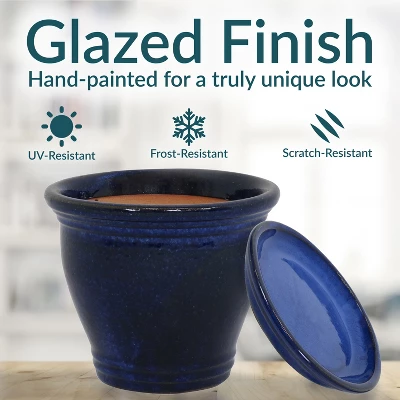 Sunnydaze Decor Sunnydaze Studio UV- And Frost-Resistant Ceramic Planters With Drainage Holes And Saucers - 11" Diameter - Imperial Blue - 2-Pack 4 Sunnydaze Decor Sunnydaze Studio UV- And Frost-Resistant Ceramic Planters With Drainage Holes And Saucers - 11" Diameter - Imperial Blue - 2-Pack - Image 2
