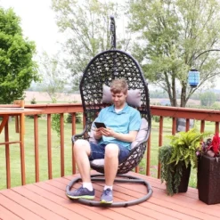 Sunnydaze Decor Sunnydaze Outdoor Resin Wicker Patio Cordelia Hanging Basket Egg Chair Swing With Cushion, Headrest, And Steel Stand Set- 3pc -Furniture GUEST b76bbcdd 19c9 4ef1 91d7 f9133e06b304