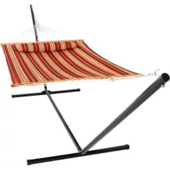 Sunnydaze Decor Sunnydaze 2-Person Quilted Fabric Spreader Bar Hammock With Detachable Pillow And Stand - 400 Lb Weight Capacity/15' Stand -Furniture GUEST b87432ae 7edb 4edd a656 974fa8a3fb96