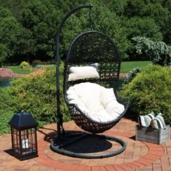 Sunnydaze Decor Sunnydaze Outdoor Resin Wicker Patio Cordelia Hanging Basket Egg Chair Swing With Cushion, Headrest, And Steel Stand Set - Beige - 3pc -Furniture GUEST c1c78756 708d 4656 b62d 2ecf7ad12368