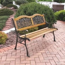 Sunnydaze Decor Sunnydaze 2-Person Ivy Crossweave Design Cast Iron And Wood Frame Outdoor Garden Bench -Furniture GUEST c3700976 4d7f 4f03 84b6 dc2b11f46b52