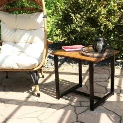 Sunnydaze Decor Sunnydaze Outdoor Rectangle Side Table - Chestnut With Powder-Coated Steel Frame - Brown -Furniture GUEST c3aeb2aa 40b7 445a 9cec b8164302448a
