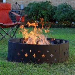 Sunnydaze Decor Sunnydaze Outdoor Heavy-Duty Steel Portable Large Round Diamond Cut Out Fire Pit Ring With Log Poker - 36" - Black