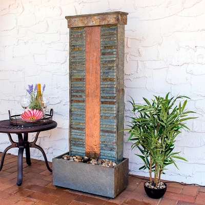Sunnydaze Decor Sunnydaze 48"H Electric Natural Slate With Copper Accents Rippled Column Outdoor Water Fountain With LED Spotlight 3 Sunnydaze Decor Sunnydaze 48"H Electric Natural Slate With Copper Accents Rippled Column Outdoor Water Fountain With LED Spotlight