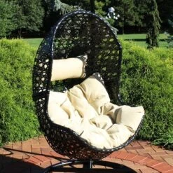 Furniture 9 Sunnydaze Decor Sunnydaze Outdoor Resin Wicker Patio Lauren Hanging Basket Egg Chair Swing With Cushions And Headrest - Beige - 2pc