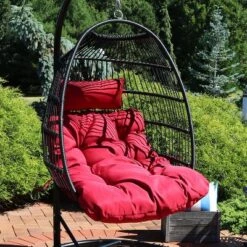 Sunnydaze Decor Sunnydaze Outdoor Resin Wicker Patio Julia Hanging Basket Egg Chair Swing With Cushions And Headrest - Red - 2pc -Furniture GUEST cea00132 4784 4224 8bb9 714871db9fa1