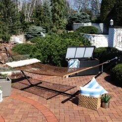 Sunnydaze Decor Sunnydaze Large Double Wide Two-Person Polyester Rope Hammock With Steel Stand - 400 Lb Weight Capacity/15' Stand - Brown