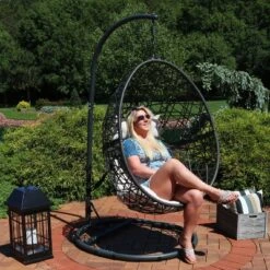 Sunnydaze Decor Sunnydaze Outdoor Resin Wicker Patio Caroline Lounge Hanging Basket Egg Chair Swing With Cushions And Steel Stand Set- 3pc -Furniture GUEST d557c6e4 dbf5 4eca a247 8d9c998f74e9