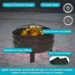 Sunnydaze Decor Sunnydaze Heavy-Duty Steel Cauldron Fire Pit With Spark Screen And PVC Protective Cover - 28.5-Inch Round - Brushed Bronze -Furniture GUEST da239343 51d7 46c0 af09 de3da623b6c6