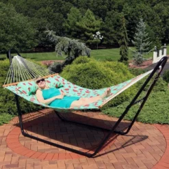 Sunnydaze Decor Sunnydaze Heavy-Duty 2-Person Quilted Printed Fabric Spreader Bar Hammock And Pillow - 450 Lb Weight Capacity - Watermelon And Chevron -Furniture GUEST da5b6916 4d73 41a7 930d 954fc8648c3e