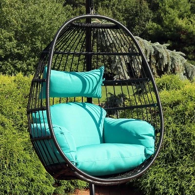 Sunnydaze Decor Sunnydaze Outdoor Resin Wicker Patio Dalia Hanging Basket Egg Chair With Cushions And Headrest - Teal - 2pc 3 Sunnydaze Decor Sunnydaze Outdoor Resin Wicker Patio Dalia Hanging Basket Egg Chair With Cushions And Headrest - Teal - 2pc