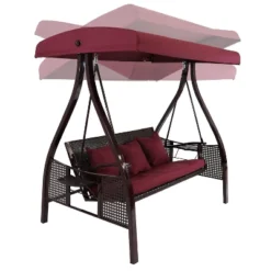 Sunnydaze Decor Sunnydaze 3-Person Outdoor Patio Swing With Adjustable Canopy Shade, Foldable Side Tables, Cushions And Pillow, Merlot -Furniture GUEST ddfd65b6 99b1 4d4e a352 874c8433c43e