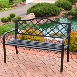 Sunnydaze Decor Sunnydaze 2-Person Lattice Design Black Cast Iron Outdoor Garden Bench -Furniture GUEST dfa315f6 41ec 422f b7dc 11ede753a8da