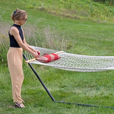 Sunnydaze Decor Sunnydaze Cotton Rope Freestanding Hammock With Spreader Bar With Portable Steel Stand And Pad And Pillow Set - 12' Stand 14 Sunnydaze Decor Sunnydaze Cotton Rope Freestanding Hammock With Spreader Bar With Portable Steel Stand And Pad And Pillow Set - 12' Stand - Image 12