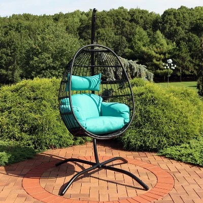 Sunnydaze Decor Sunnydaze Outdoor Resin Wicker Patio Dalia Hanging Basket Egg Chair With Cushions, Headrest, And Steel Stand Set - Teal - 3pc 3 Sunnydaze Decor Sunnydaze Outdoor Resin Wicker Patio Dalia Hanging Basket Egg Chair With Cushions, Headrest, And Steel Stand Set - Teal - 3pc