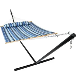 Sunnydaze Decor Sunnydaze 2-Person Quilted Fabric Spreader Bar Hammock With Detachable Pillow And Stand - 400 Lb Weight Capacity/15' Stand -Furniture GUEST e7252157 cb03 4944 b77f 373929c90465