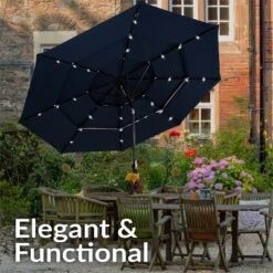 Sunnydaze Decor Sunnydaze 3-Tier Outdoor Patio Umbrella With Polyester Canopy, Solar LED Lights, Push Button Tilt And Crank - 10' - Navy -Furniture GUEST e786726f 36eb 4f00 b3f9 492a51aad72d