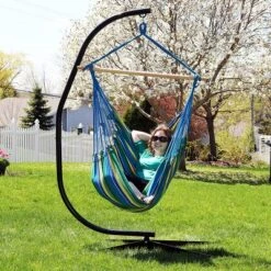 Sunnydaze Decor Sunnydaze Jumbo Extra Large Hanging Rope Hammock Chair Swing With C-Stand - 300 Lb Weight Capacity - Ocean Breeze -Furniture GUEST e80b099e b9ae 4085 9e38 ed6dbf839fee