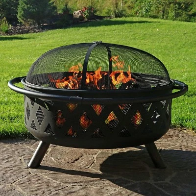 Sunnydaze Decor Sunnydaze Outdoor Camping Or Backyard Round Crossweave Cut Out Fire Pit With Spark Screen, Log Poker, And Cover - 36" 3 Sunnydaze Decor Sunnydaze Outdoor Camping Or Backyard Round Crossweave Cut Out Fire Pit With Spark Screen, Log Poker, And Cover - 36"