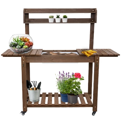Sunnydaze Decor Sunnydaze Wooden Wheeled Garden Potting Bench With Dry Sink, Storage Shelves, And Tool Hooks - Brown 11 Sunnydaze Decor Sunnydaze Wooden Wheeled Garden Potting Bench With Dry Sink, Storage Shelves, And Tool Hooks - Brown - Image 9