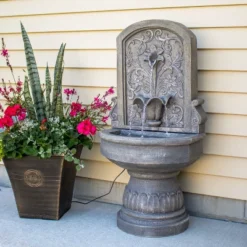 Sunnydaze Decor Sunnydaze Lovely Lily Polyresin Flat Back Pedestal Outdoor Wall Fountain For The Patio, Deck, Or Yard - 37.5" - Gray