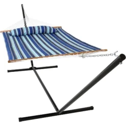 Sunnydaze Decor Sunnydaze 2-Person Quilted Fabric Spreader Bar Hammock With Detachable Pillow And Stand - 400 Lb Weight Capacity/15' Stand -Furniture GUEST ee272b6d 1e3f 4513 b4c6 047bdf9a47ea