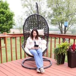 Sunnydaze Decor Sunnydaze Outdoor Resin Wicker Patio Cordelia Hanging Basket Egg Chair Swing With Cushion, Headrest, And Steel Stand Set - Beige - 3pc -Furniture GUEST ee2fa212 ffc2 41f4 b940 70e2e07fbe0b