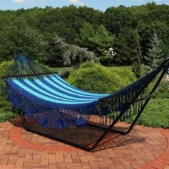 Sunnydaze Decor Sunnydaze Heavy-Duty Deluxe Hand-Woven Cotton American-Style Mayan Hammock With Spreader Bars - 770 Lb Weight Capacity - Blue -Furniture GUEST ef688f13 f98a 4c66 b093 1c712121556e