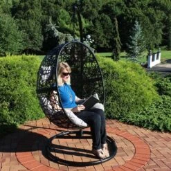 Sunnydaze Decor Sunnydaze Outdoor Resin Wicker Jackson Hanging Basket Egg Chair Swing With Cushions, Headrest, And Steel Stand Set - 3pc -Furniture GUEST f1ceeeed 4559 4351 8996 623c19aa5ddd