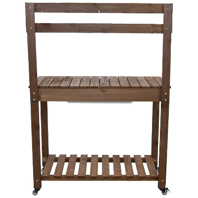 Sunnydaze Decor Sunnydaze Wooden Wheeled Garden Potting Bench With Dry Sink, Storage Shelves, And Tool Hooks - Brown 13 Sunnydaze Decor Sunnydaze Wooden Wheeled Garden Potting Bench With Dry Sink, Storage Shelves, And Tool Hooks - Brown - Image 11