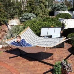 Sunnydaze Decor Sunnydaze Polycotton 2-Person Hammock With Curved Bamboo Foldable Spreader Bars - 450 Lb Weight Capacity - Neutral Stripe -Furniture GUEST f42de0fd 89ae 4b0a b652 4676d81623d8