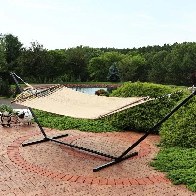 Sunnydaze Decor Sunnydaze Outdoor 2-Person Double Polyester Rope Hammock With Wood Spreader Bar And 15ft Black Steel Stand 3 Sunnydaze Decor Sunnydaze Outdoor 2-Person Double Polyester Rope Hammock With Wood Spreader Bar And 15ft Black Steel Stand