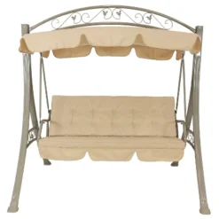 Sunnydaze Decor Sunnydaze Outdoor 3-Person Steel Patio Swing With Adjustable Canopy And Tufted Cushions, Beige -Furniture GUEST f990d504 d152 49f6 b0bc 4ad325347dc8