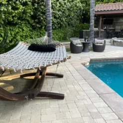 Sunnydaze Decor Sunnydaze Polycotton 2-Person Hammock With Curved Bamboo Foldable Spreader Bars - 450 Lb Weight Capacity - Neutral Stripe -Furniture GUEST fb1c81e8 0c7a 47e7 ab6b c75054c83812