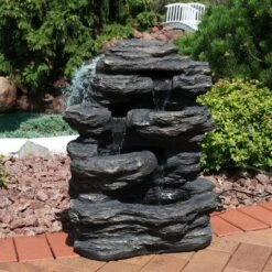 Furniture 26 Sunnydaze Decor Sunnydaze 24"H Electric Polystone Rock Falls Waterfall Outdoor Water Fountain With LED Lights